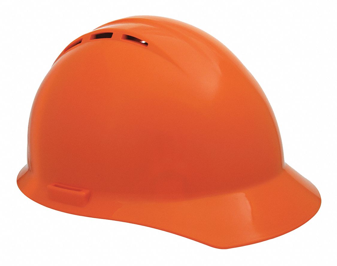 Hard Hat: Orange, No Graphics, Ratchet (4-Point), Ratchet, Polyethylene, Side-Slots