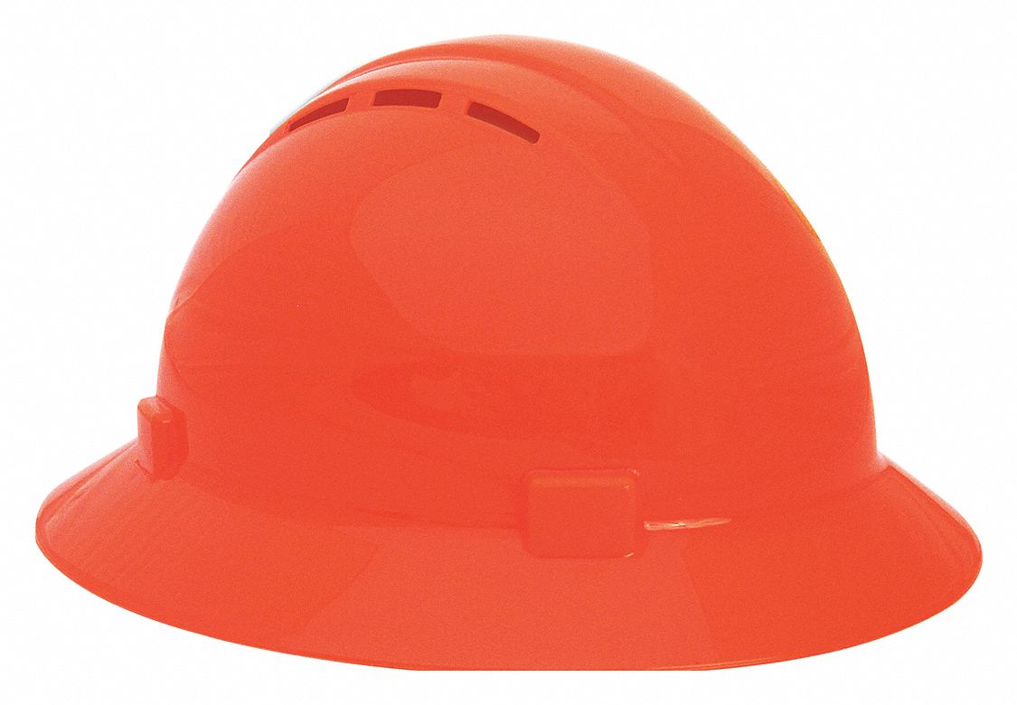 Hard Hat: Orange, No Graphics, Ratchet (4-Point), Ratchet, Polyethylene, ERB SAFETY