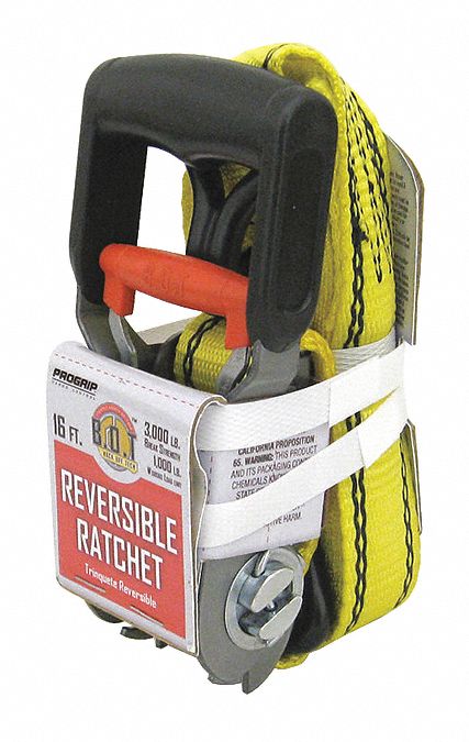Tie Down Strap: Ratchet, Wire-Hook, Gen Purpose, 1 1/4 in Wd, 1, 000 lb WLL, Yellow, 16 ft Lg