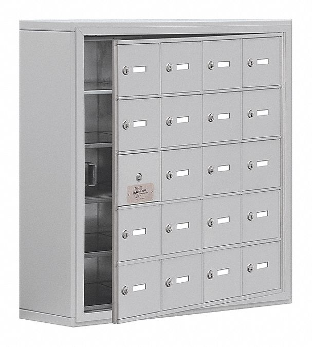 Cell Phone Locker: 30 1/2 in x 9 1/4 in x 31 in, 5 Tiers, 4 Units Wide, Aluminum