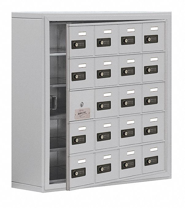 Cell Phone Locker: 30 1/2 in x 9 1/4 in x 31 in, 5 Tiers, 4 Units Wide, Aluminum