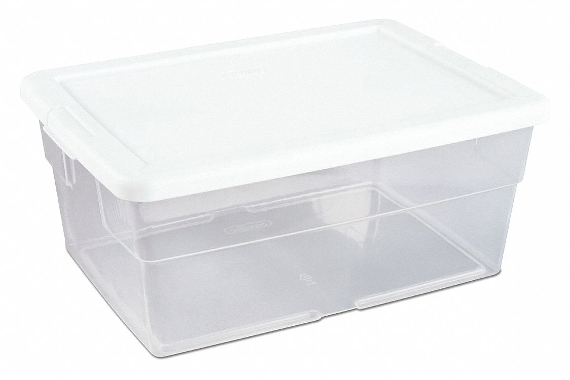 Storage Tote: 4 gal, 16 3/4 in x 11 7/8 in x 7 in, Clear Body, White Lid