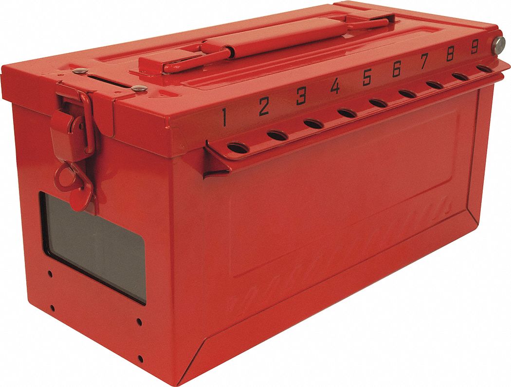 GROUP LOCKOUT BOX, STAINLESS STEEL, RED, 5.67 X 6.42 X 12 IN, PORTABLE, HINGED