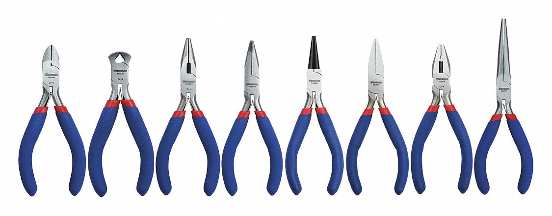 PLIER SET, 8 PLIERS, STANDARD CUSHION GRIP, MANUAL, POUCH, DIPPED