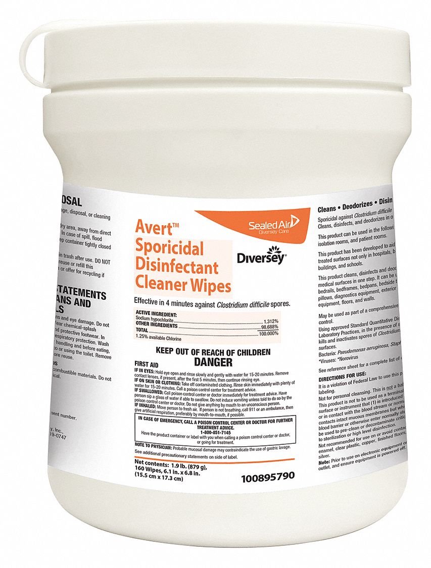 Disinfecting Wipes: Canister, 160 ct Container Size, Ready to Use, Wipes, Bleach, 12 PK
