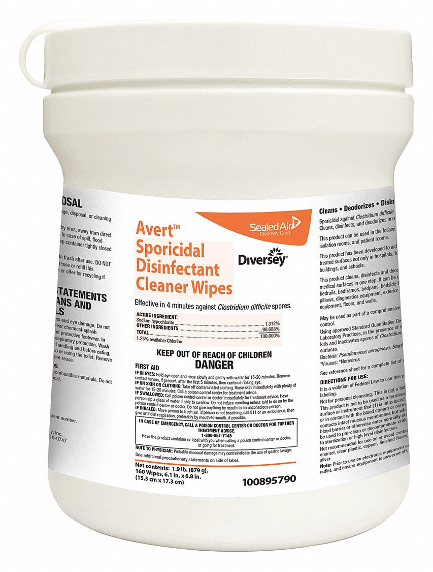 Disinfecting Wipes: Canister, Ready to Use, Wipes, Bleach, 7 in x 6 in Sheet Size, 12 PK