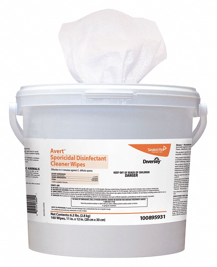 Disinfecting Wipes: Canister, 160 ct Container Size, Ready to Use, Wipes, Bleach, Avert®, 4 PK