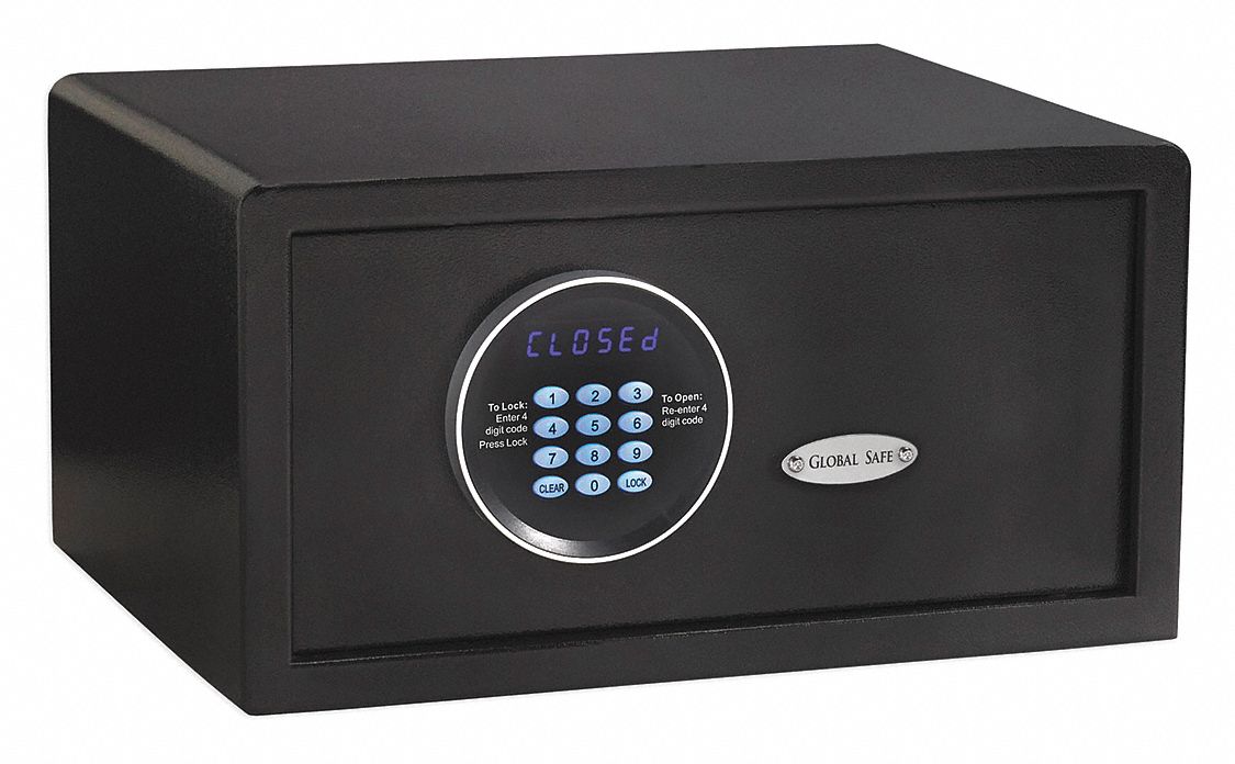 Hotel Safe: 1 yr Battery Life, 1.01 cu ft Capacity, Black, 7 in Door Opening Ht, Powder Coated