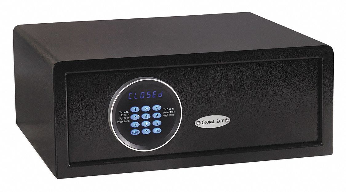 Hotel Safe: 1 yr Battery Life, 1.19 cu ft Capacity, Black, 6 in Door Opening Ht, Powder Coated