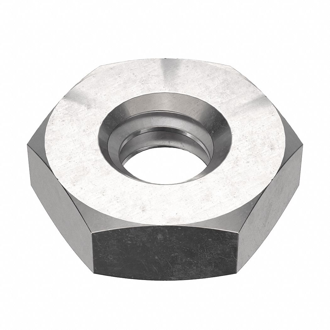 Hex Nut: Std Hex, #10-24 Thread, 3/8 in Hex Wd, 1/8 in Hex Ht, Stainless Steel, 18-8, NL-19, 100 PK