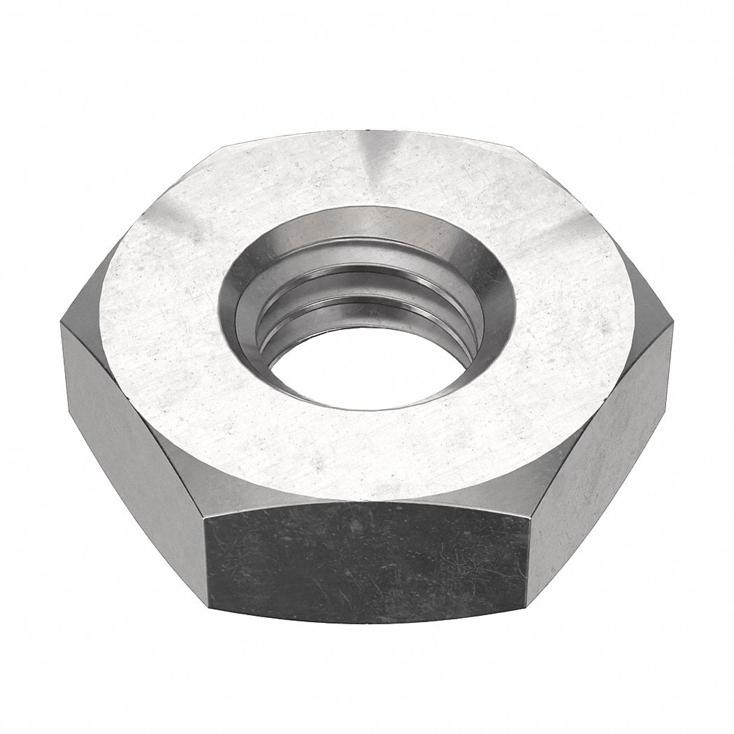 Hex Nut: Std Hex, #10-32 Thread, 3/8 in Hex Wd, 1/8 in Hex Ht, Stainless Steel, 316, NL-19, 50 PK