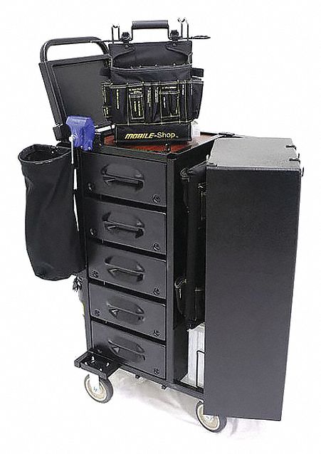 Tool Utility Cart: Powder Coated Black, 16 in Overall Wd, 36 in Overall Dp, No Lid Lid