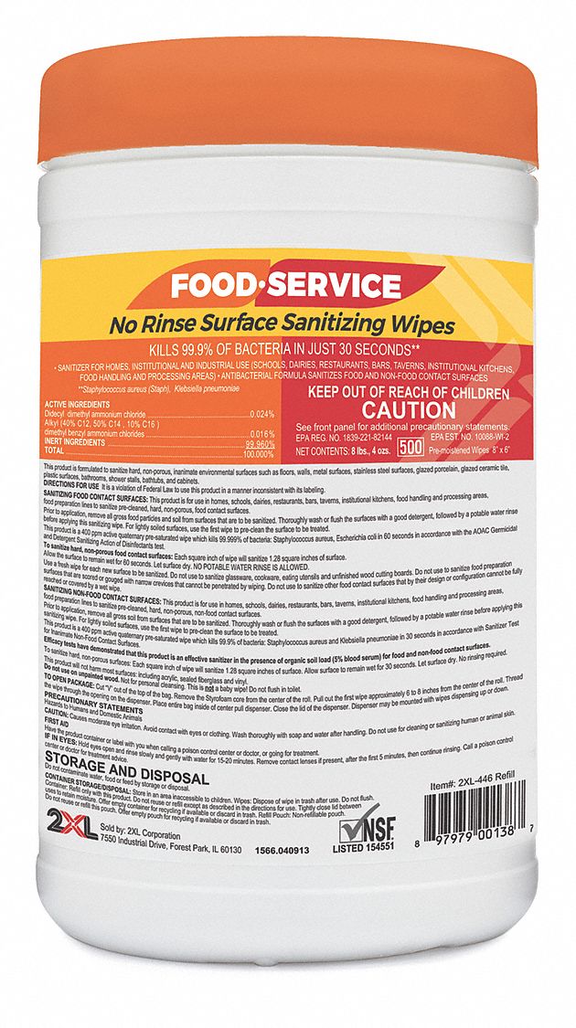 Food Service Wipes: Canister, 100 ct Container Size, Ready to Use, Wipes, Quat, Fresh, 6 PK