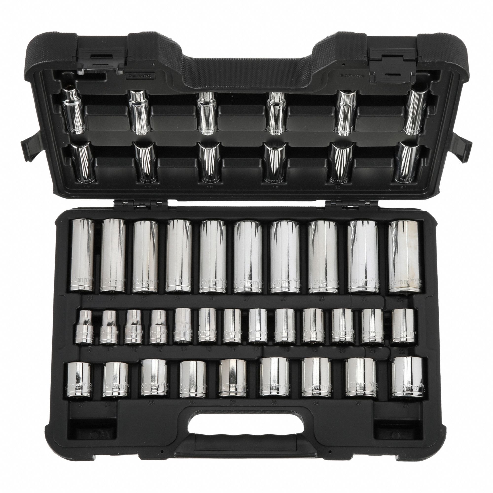 Socket Set: 1/2 in Drive, 44 Piece, 12-Point, Metric, 10 mm to 32 mm