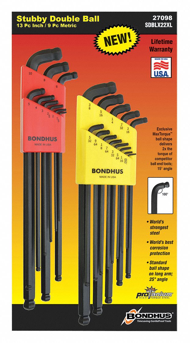 HEX KEY SET, METRIC AND SAE, EXTRA LONG, 22 PIECES, BLACK OXIDE, 1 TIP, 3 5/32 TO 8 23/32