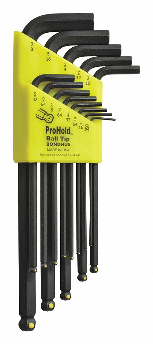 HEX KEY SET, SAE, LONG, 13 PIECES, BLACK OXIDE, 1 TIP, 2 27/32 IN TO 6 27/32, BALL END