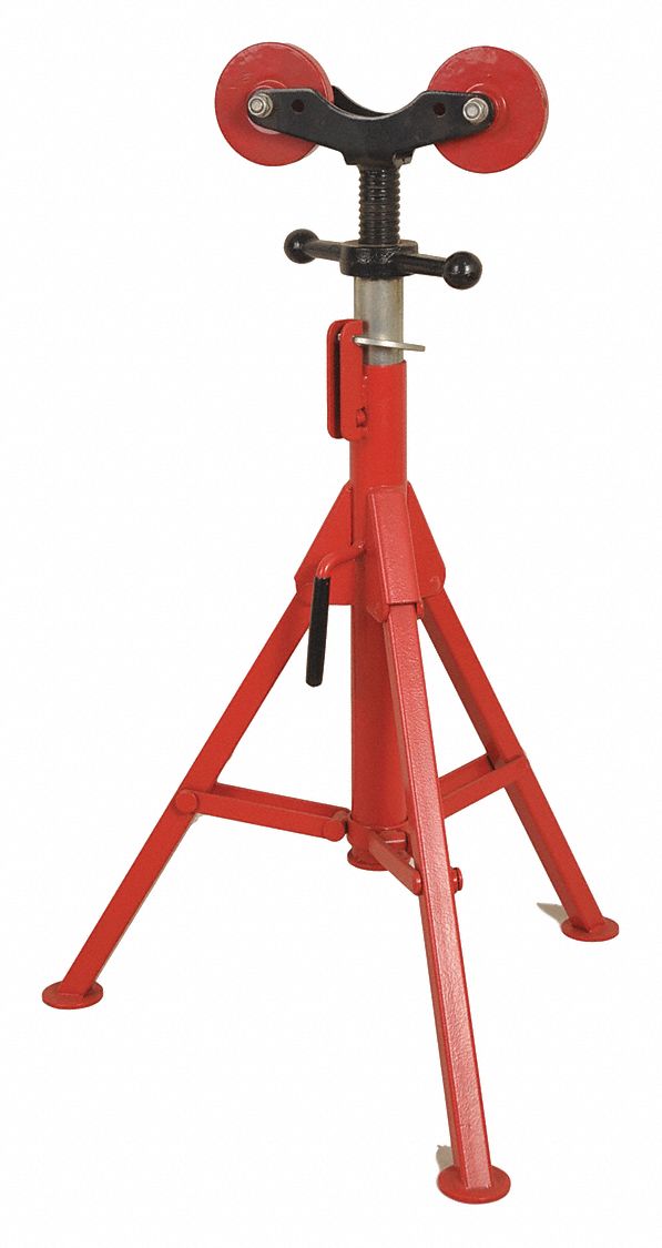 PIPE STAND, ROLLER HEAD, 2500 LB, ½ TO 16 IN DIA, 27 TO 50 IN H, FOLDING LEG, STEEL