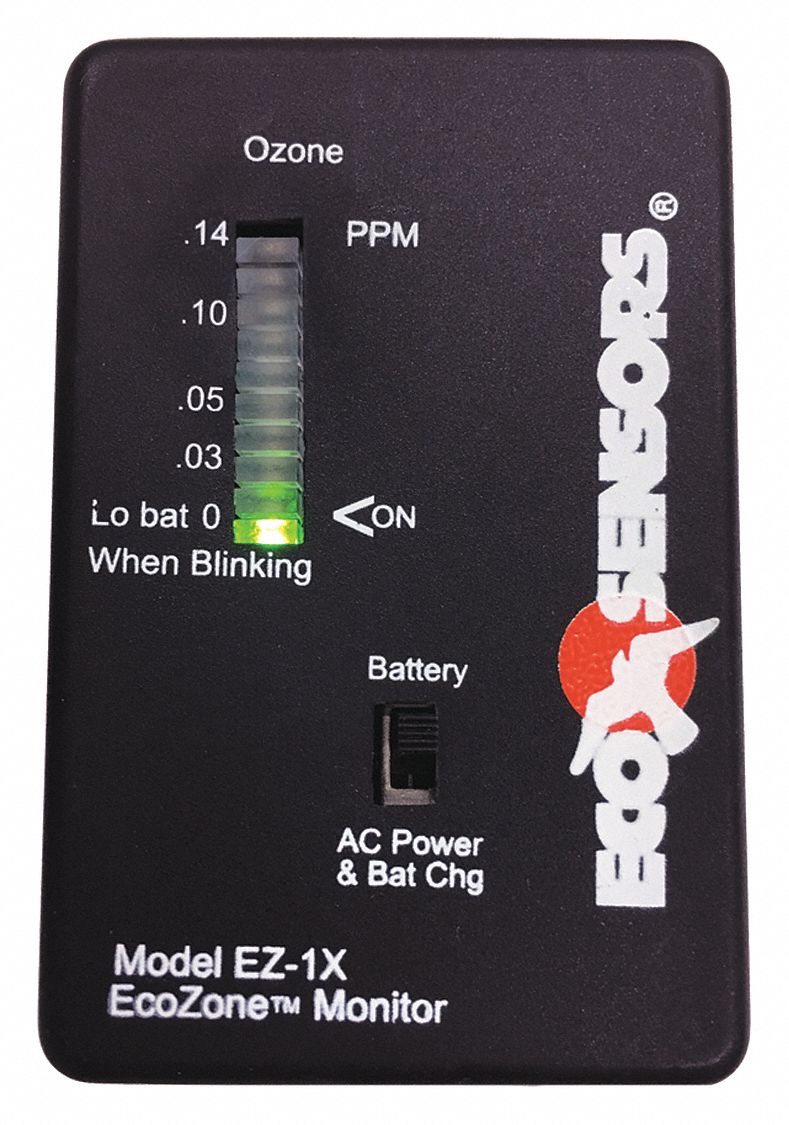 Single Gas Monitor: Ozone, 0.02 to 0.14 ppm, Black, Lithium, 8 hr Battery Life, LED