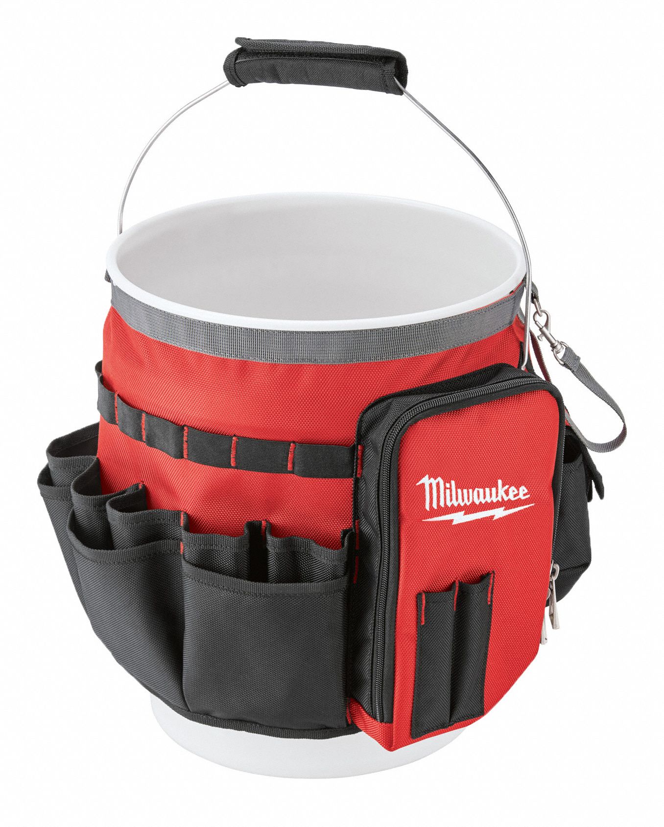 Bucket Tool Organizer: Red, 34 Pockets, 10 in Overall Dia, 13 3/8 in Overall Ht