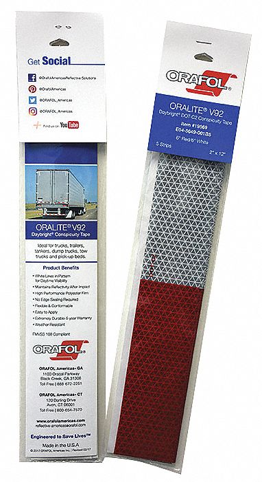 Reflective Tape: Construction/Emergency Vehicles/Trucks and Trailers, Red/White, 2 in Wd, 5 PK