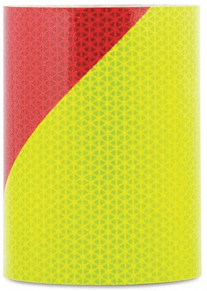 Reflective Tape: Construction/Emergency Vehicles/Utility, Fluorescent Lime/Red, 6 in Wd, 50 yd Lg
