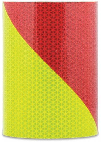 Reflective Tape: Construction/Emergency Vehicles/Utility, Fluorescent Lime/Red, 6 in Wd, 50 yd Lg
