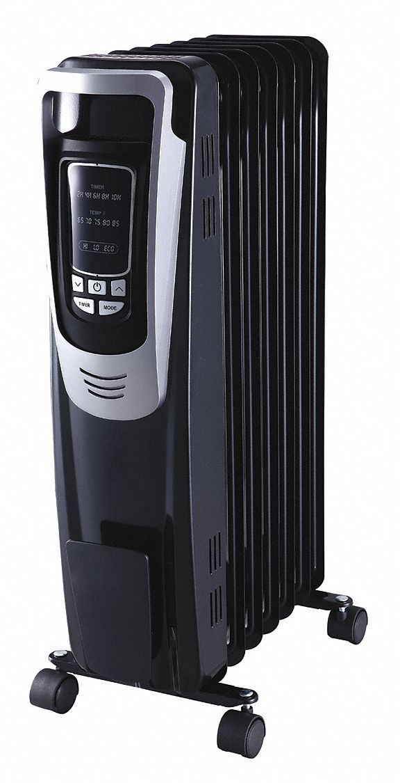 Portable Electric Heater: 1500W, 2 Heat Settings, Black, 25-1/4 in x 14-1/4 in x 11 in
