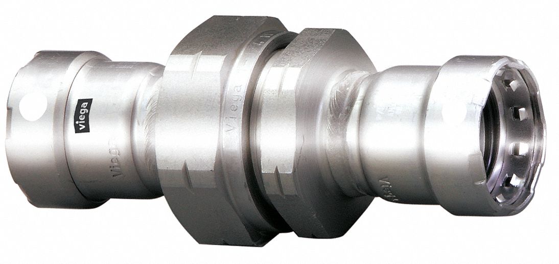 Crimp Union Fitting: 1 1/2 in Pipe x 1 1/2 in Pipe Size, Press-fit x Press-fit, FKM
