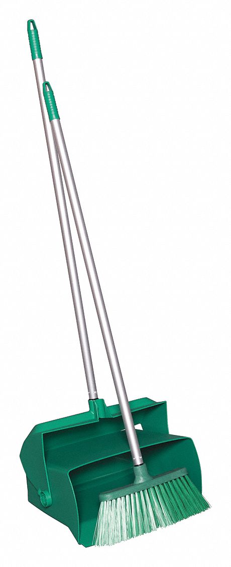 LOBBY BROOM AND DUST PAN, 37 IN BROOM HANDLE L, POLYESTER, GREEN BRISTLE, GREEN DUST PAN