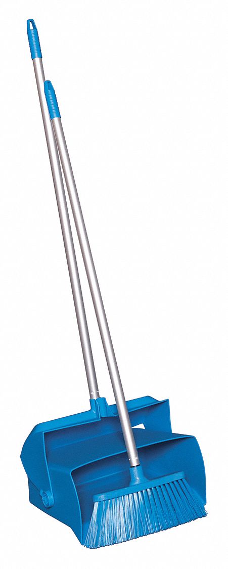 LOBBY BROOM AND DUST PAN, 37 IN BROOM HANDLE L, POLYESTER, BLUE BRISTLE, BLUE DUST PAN
