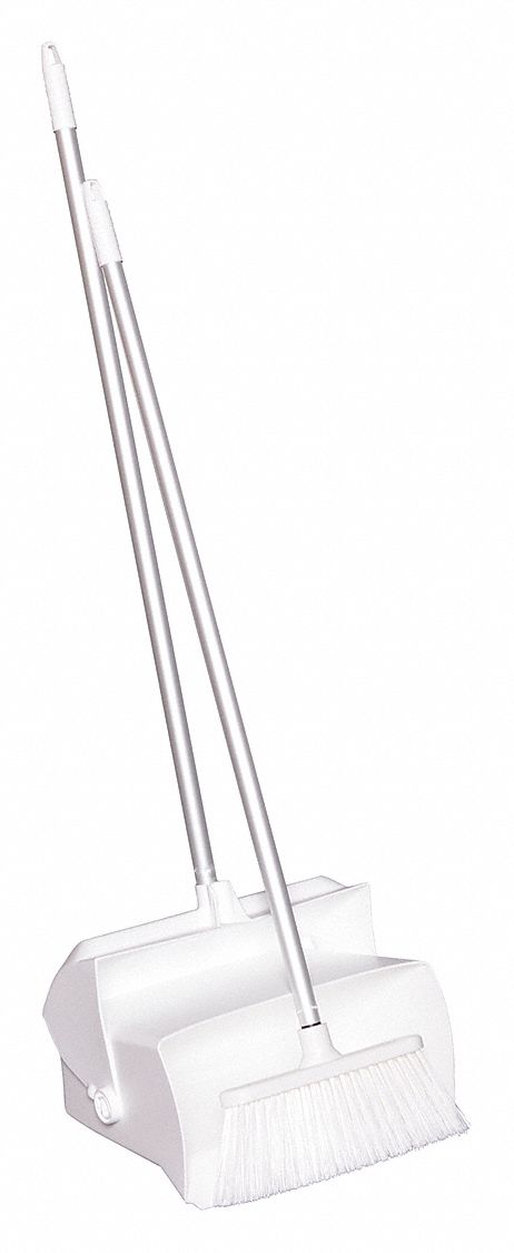 LOBBY BROOM AND DUST PAN, 37 IN BROOM HANDLE L, POLYESTER, WHITE BRISTLE, WHITE DUST PAN