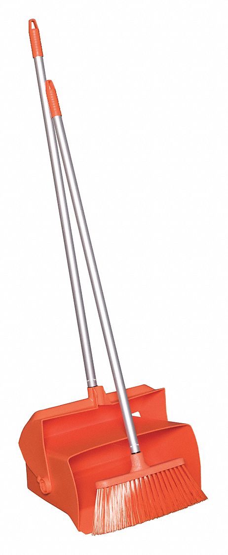LOBBY BROOM AND DUST PAN, 37 IN BROOM HANDLE L, POLYESTER, ORANGE BRISTLE, ORANGE DUST PAN