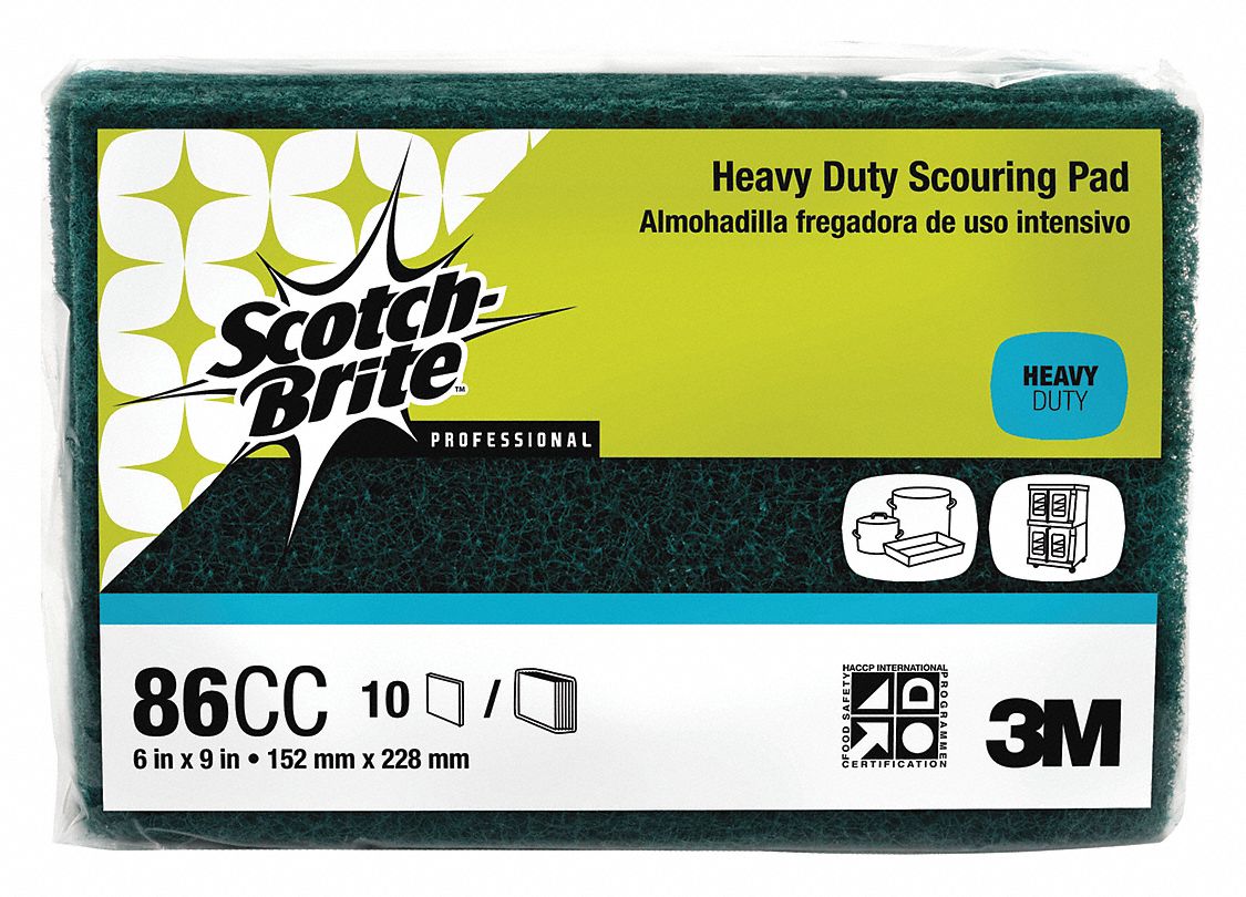 Scouring Pad: Fiber/Mineral/Resin, 9 in Lg, 6 in Wd, 5/8 in Ht, Green, 10 PK