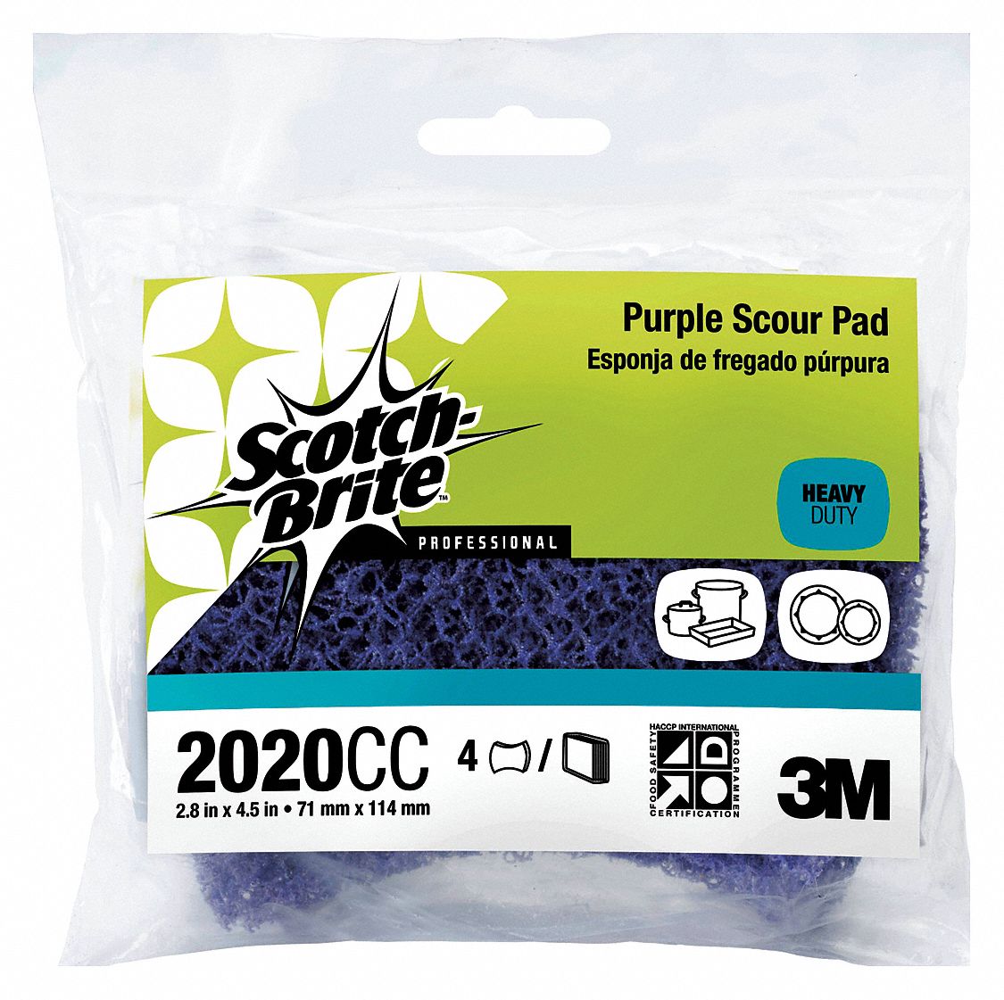 Scouring Pad: Fiber/Mineral/Resin, 4 1/2 in Lg, 2 3/4 in Wd, 1/2 in Ht, Purple, 4 PK
