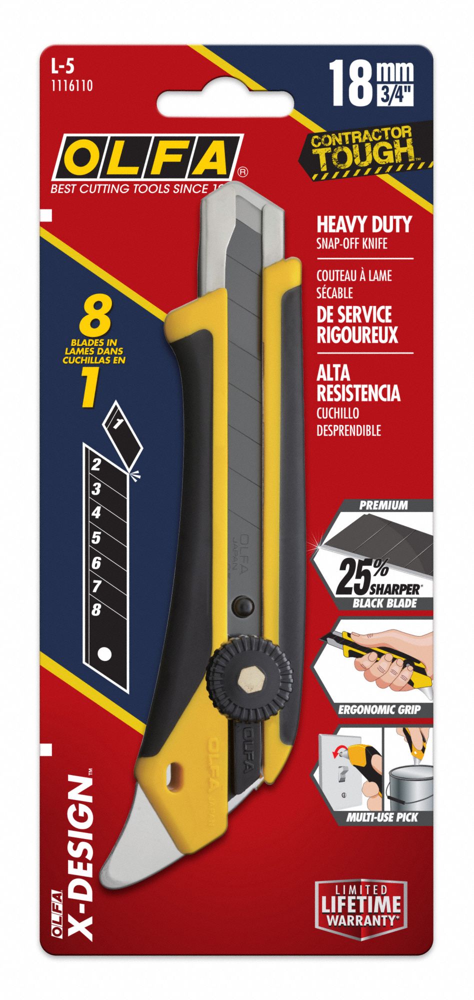 OLFA Utility Knife: 6 1/2 in Overall Lg, Rubberized, 8 Segments, 0 ...