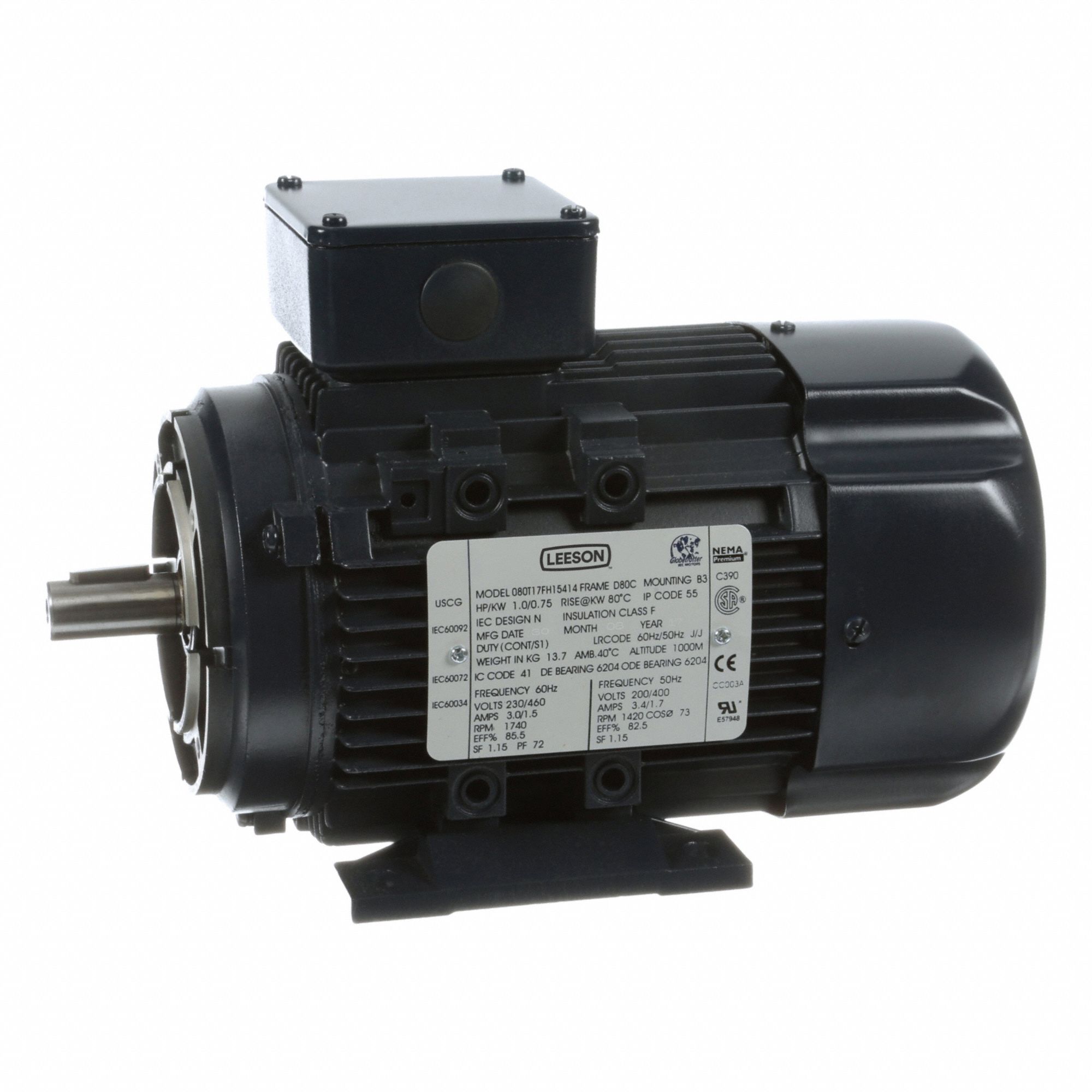 Metric Motor: 1 hp, C-Face/Rigid Base Mount, 80C Frame Size, Totally Enclosed Fan Cooled