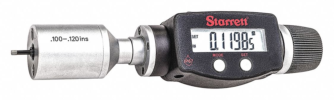 Digital 2-Point Inside Micrometer: 0.1 in to 0.12 in /2.5 mm to 3 mm, IP65, Cabled/Wireless
