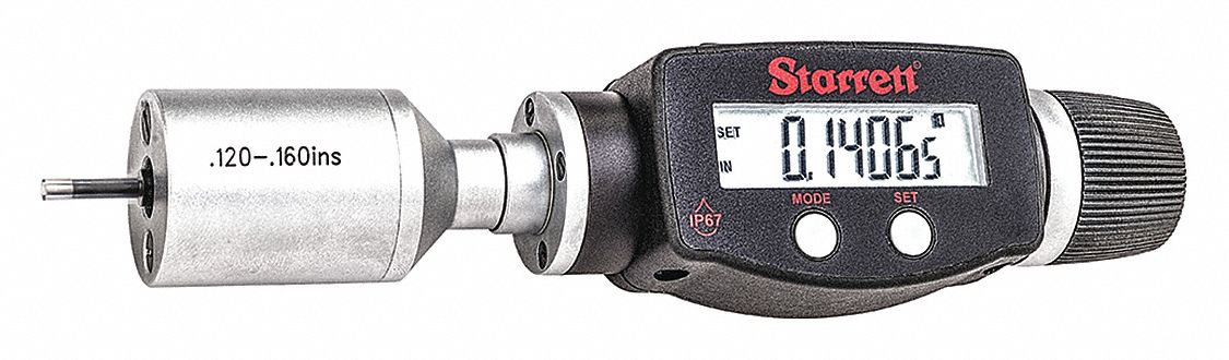 Digital 2-Point Inside Micrometer: 0.12 in to 0.16 in /3 mm to 4 mm, IP65, Cabled/Wireless