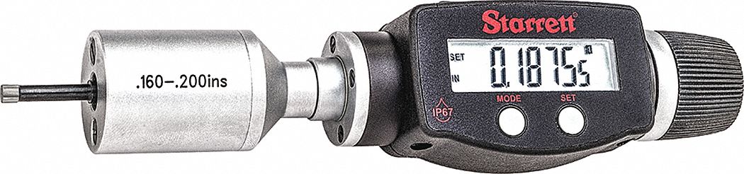 Digital 2-Point Inside Micrometer: 0.16 in to 0.2 in /4 mm to 5 mm, IP65, Cabled/Wireless
