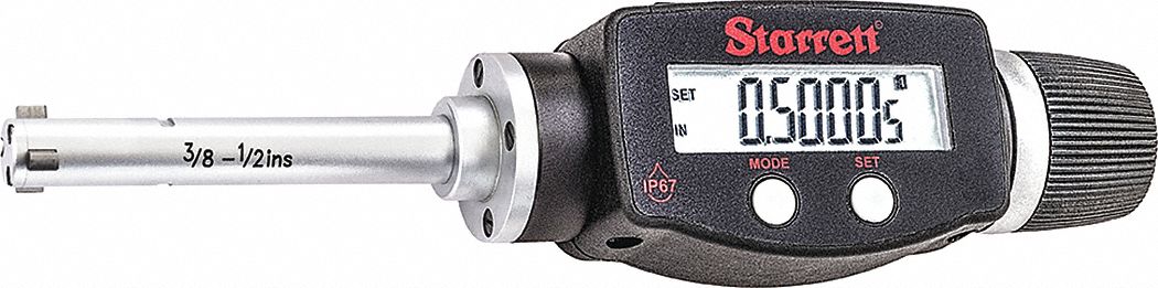 Digital 3-Point Inside Micrometer: 0.375 in to 0.5 in /10 mm to 12.5 mm, IP65