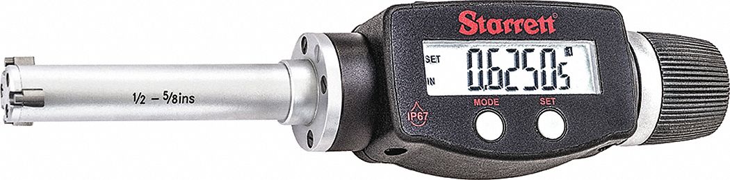 Digital 3-Point Inside Micrometer: 0.5 in to 0.625 in /12.5 mm to 16 mm, IP65