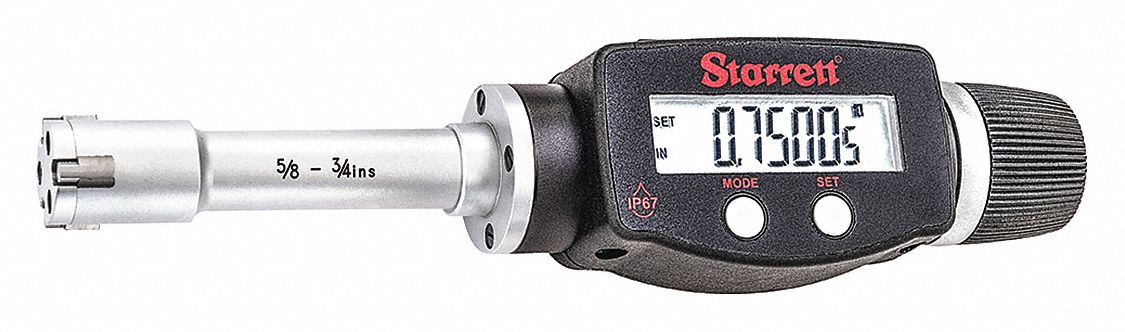 Digital 3-Point Inside Micrometer: 0.625 in to 0.75 in /16 mm to 20 mm, IP65