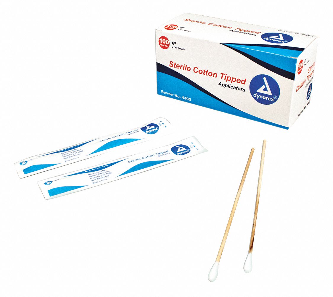 DYNAREX Sterile SingleTip Cotton Tip Swab with Wood Handle, 6 inL, 100