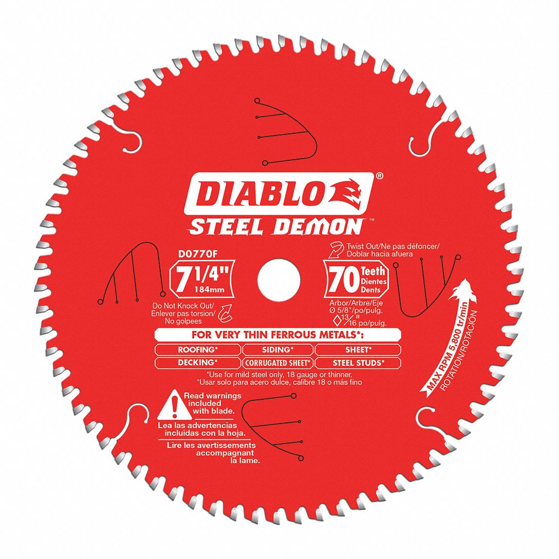 CIRCULAR SAW BLADE, CARBIDE, 7¼ IN DIA, 70 TEETH, ⅝ IN ABOUR, 5800 RPM, FOR AL/METALS/STEEL