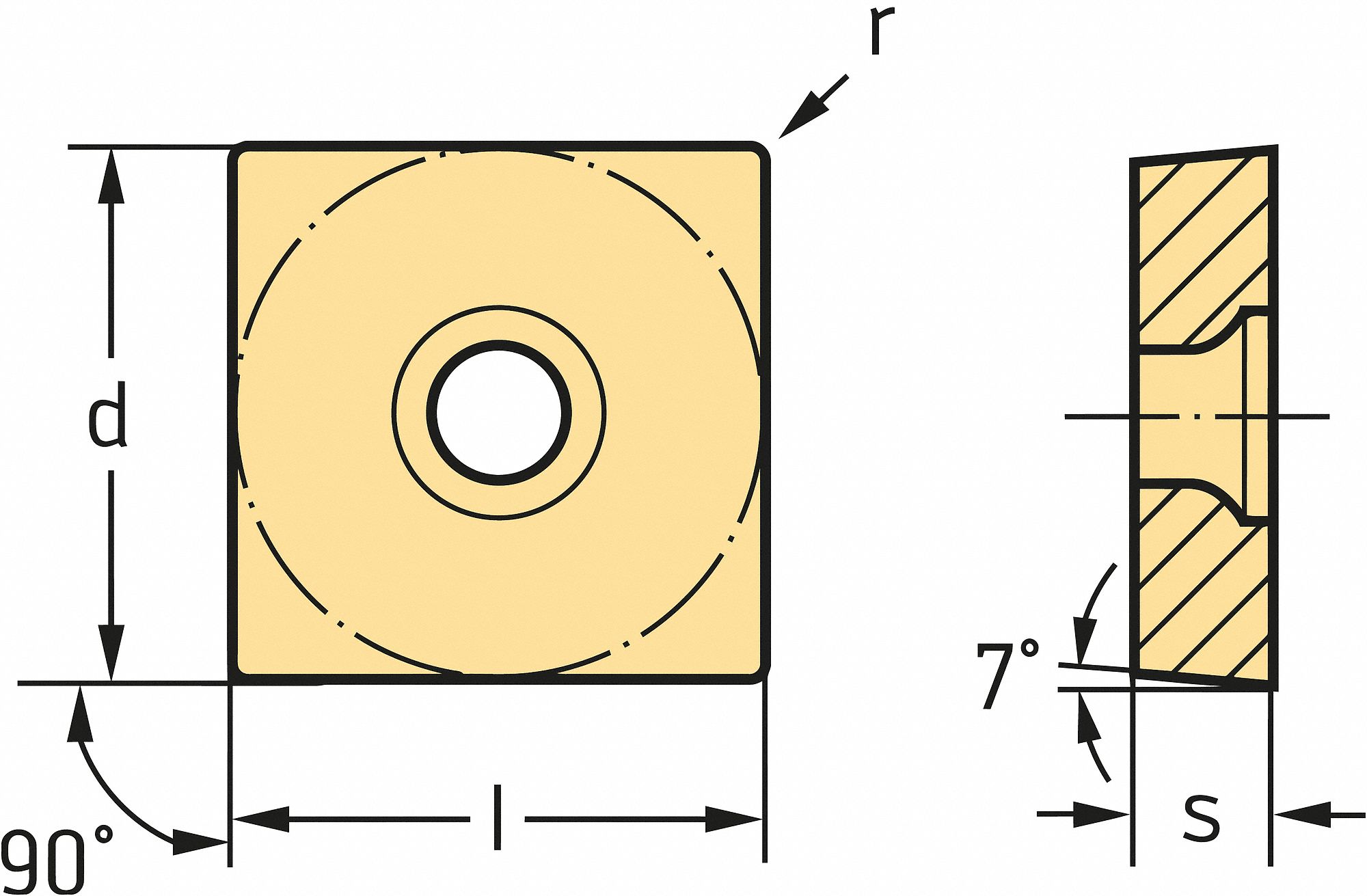 Square Turning Insert: 3/8 in Inscribed Circle, Neutral, 1/32 in Corner Radius