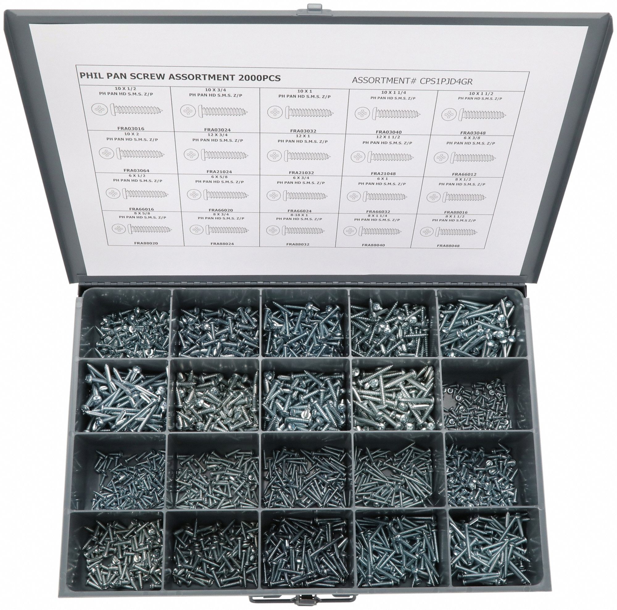 Tapping Screw Assortment: Steel, Zinc-Plated, Pan, Phillips, 2, 000 Pieces, 20 # of Sizes