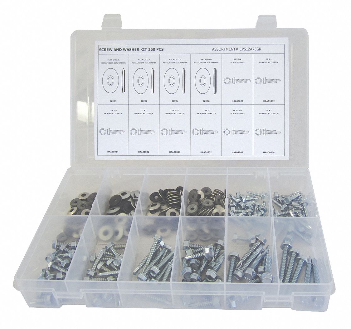 Steel, Zinc Plated, Self-Drilling Screw and Washer Assortment - 53WR11 ...