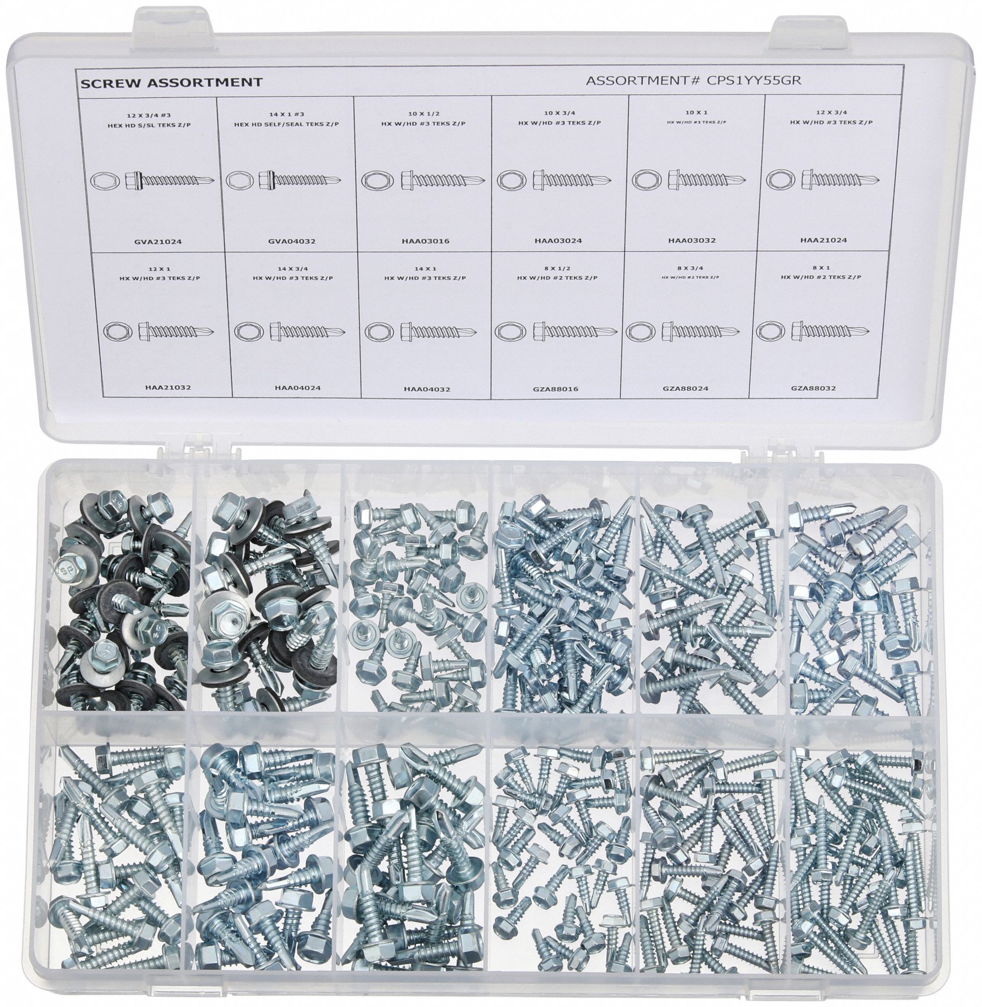 Self-Drilling Screw Assortment: Hex Washer, Zinc-Plated, Steel, External Hex, 295 Pieces, 12 Sizes