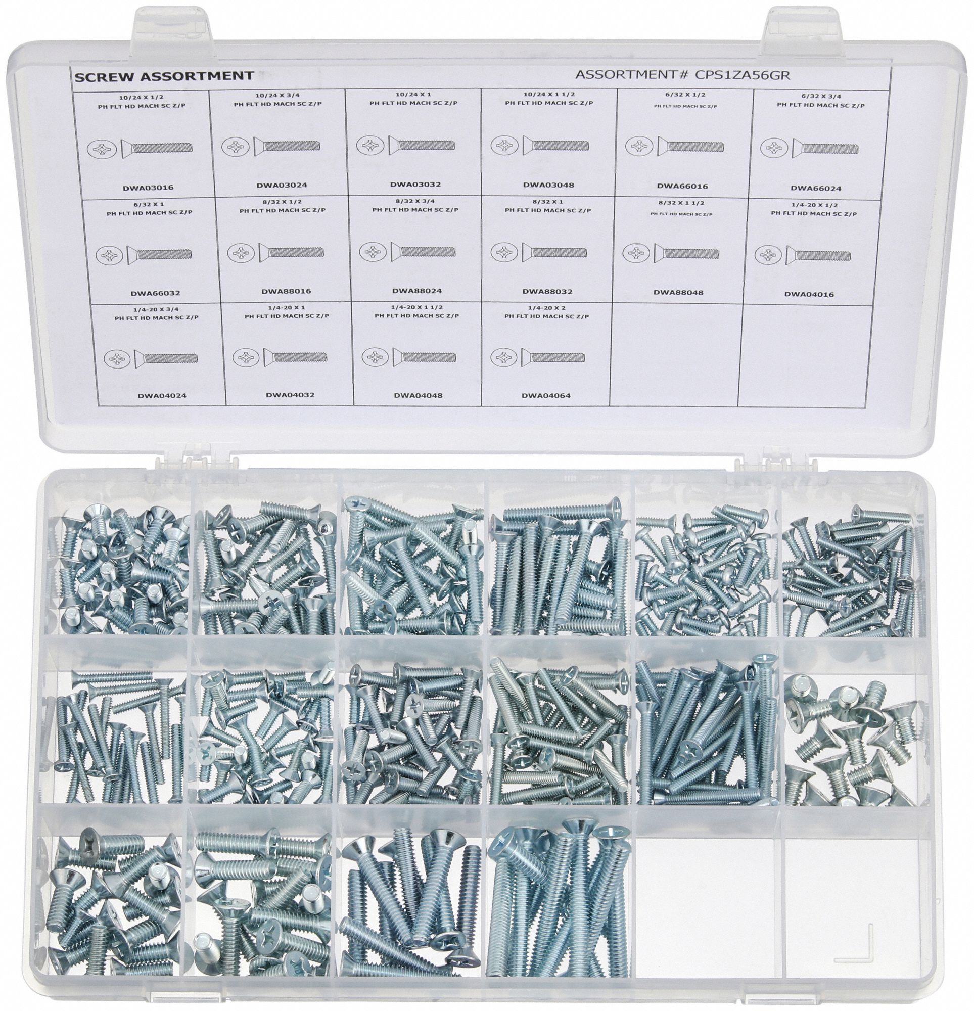 MACHINE SCREW ASSORTMENT, STEEL, ZINC PLATED, FLAT, PHILLIPS, INCH, 445 PIECES