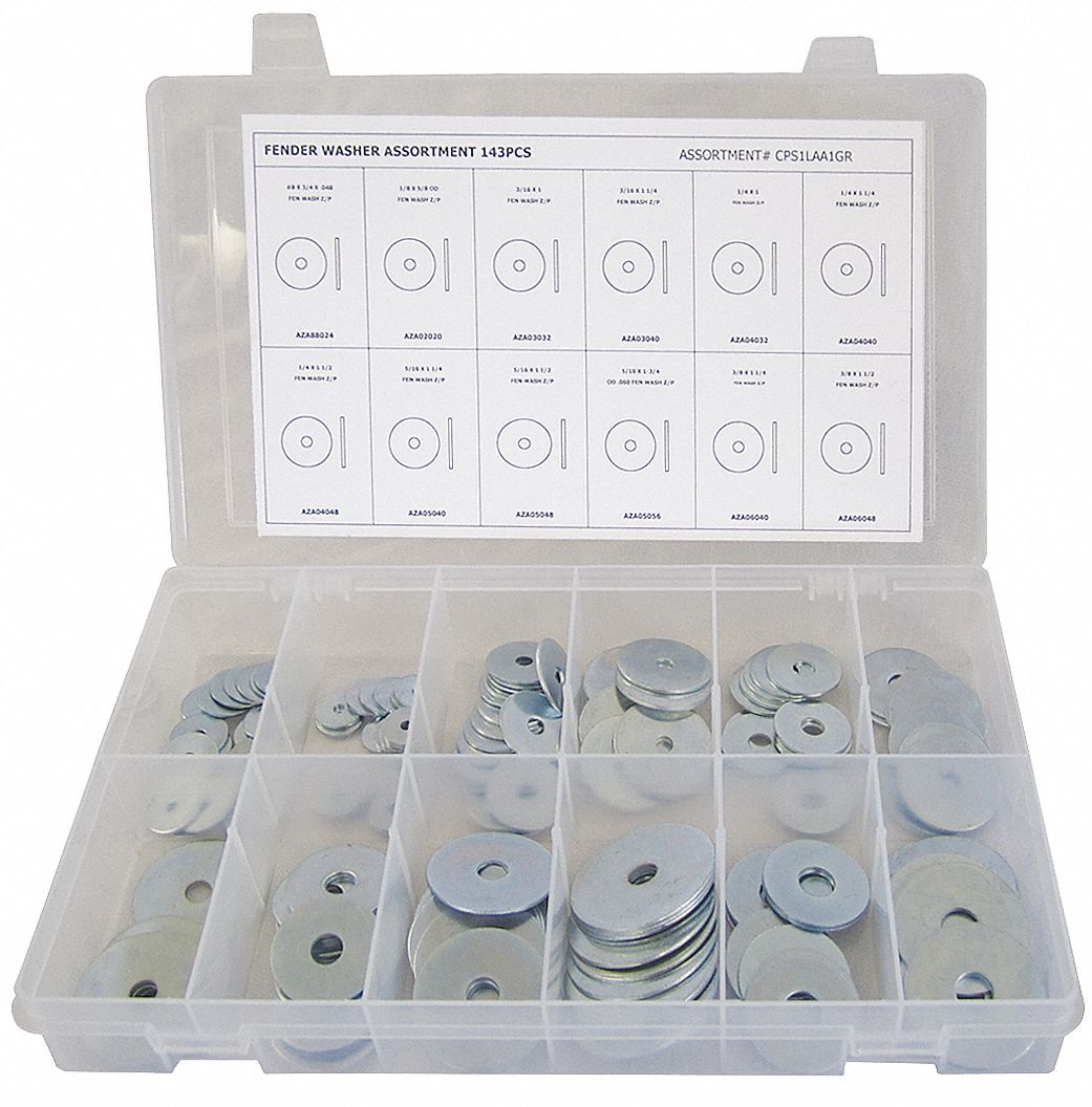 GRAINGER APPROVED Washer Assortment, 143 pieces, 12 Size 53WR16CPS1LAA1GR Grainger